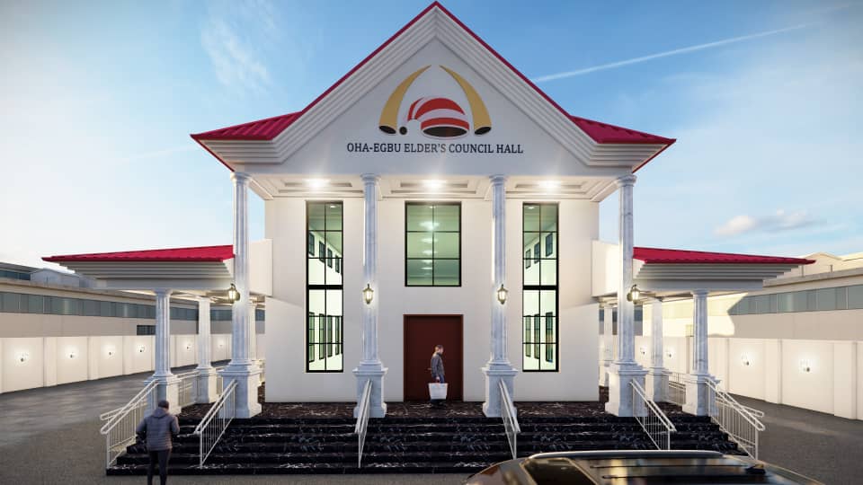 Design impression of the Oha-Egbu Elder's Council Hall — a white two-storey hall with a red roof, tall columns and a wide flight of steps