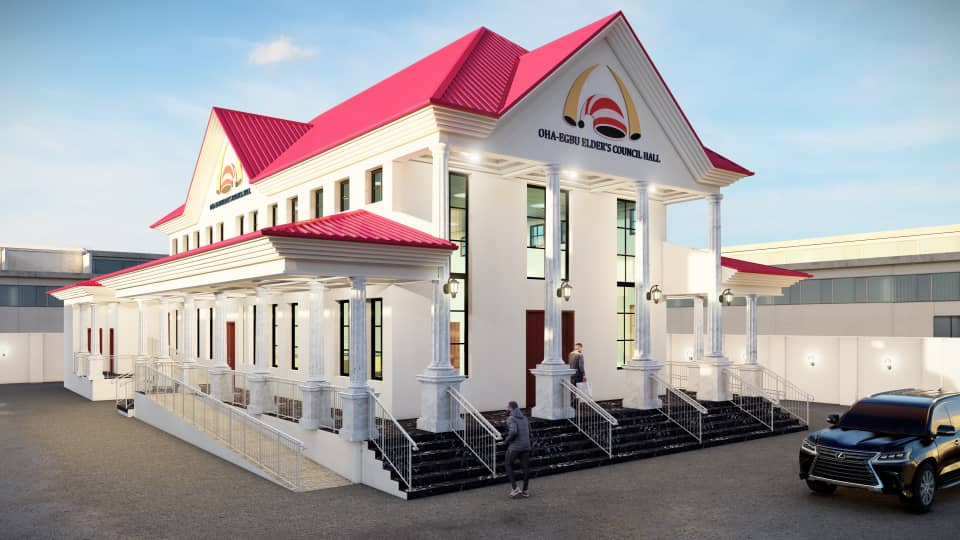 Side view of the proposed Council Hall showing its long wings, covered walkway and parking forecourt