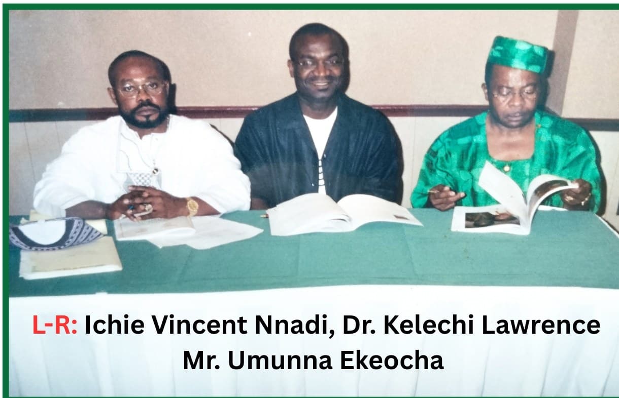 The three pioneer leaders of Egbu Town Union USA in 2002 — Ichie Vincent Nnadi, Dr. Kelechi Lawrence and Mr. Umunna Ekeocha — seated at a table